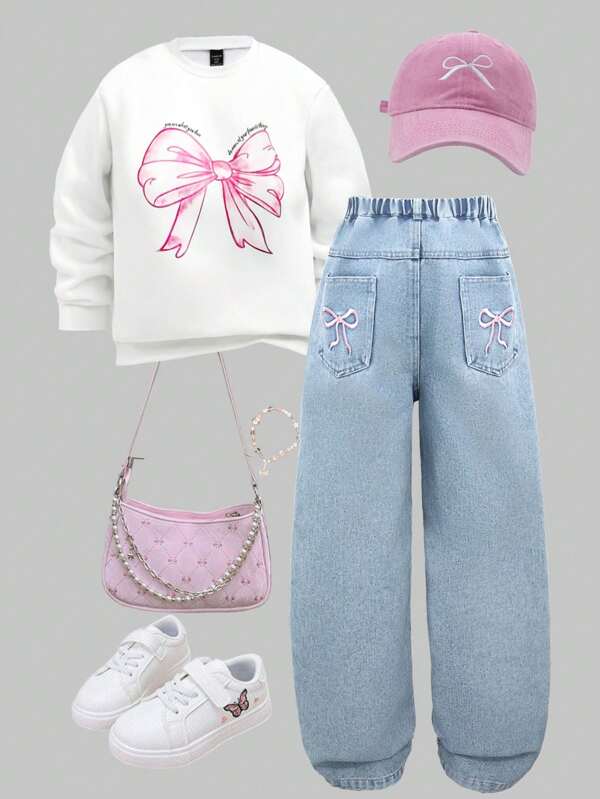 SHEIN 2pcs/Set Tween Girl Casual Loose Butterfly Print Sweatshirt & Pink Washed Loose Butterfly Embroidered Straight Leg Jeans, Two-Piece Set