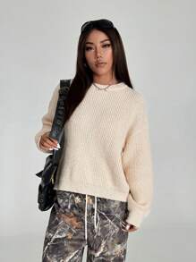 Lunelith SHEIN Lunessa 1pc Apricot Loose, Textured, Versatile, Minimalist Women Sweater For Home, Commute, Photoshoot Knit Pullover Fall Winter Outfit