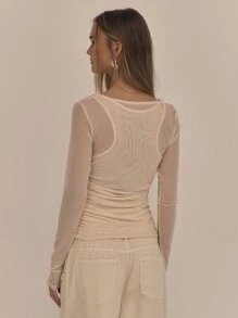 MUSERA Double Layer Mesh Long Sleeve Holiday Ibiza Beachwear Sheer Top Fall Winter