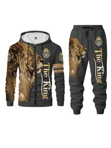 Manfinity LEGND Plus Size Men's Letter & Lion Printed Zipper Front Hoodie Sweatshirt And Sweatpants Set, Autumn - Multicolor - View 1
