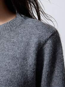 LYSMO 女士休闲纯色圆领毛衣，秋冬 - 深灰色 - 查看 6