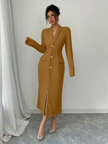 Elenzga Women's Front Button Long Sleeve Pocket Minimalist Casual Long Jacket