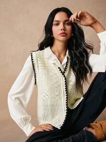 Poéselle Damski swobodny kontrastowy kolor wykończenia Hollow Knit sweter kamizelka na jesień