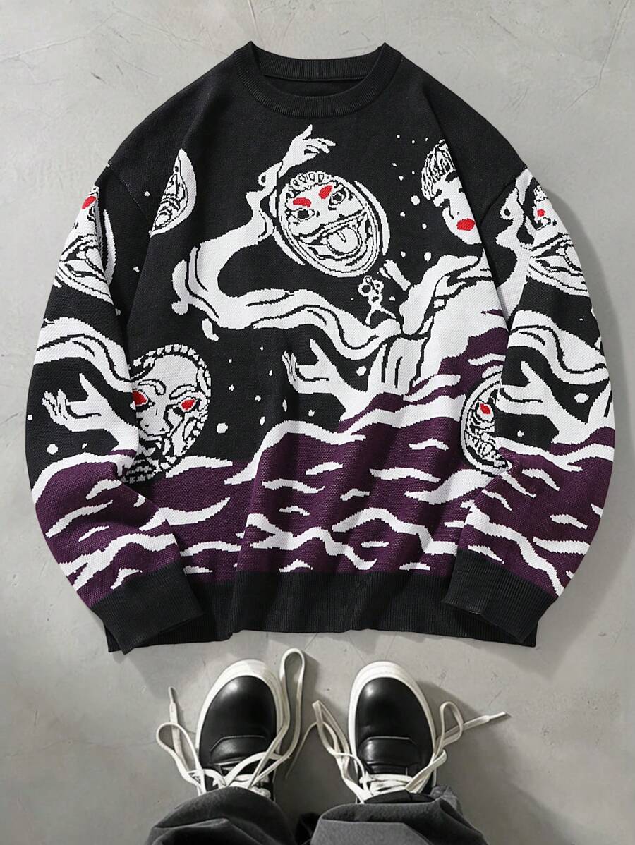 Manfinity EMRG Casual Men's Cartoon Pattern Dropped Shoulder Loose Pullover Sweater - Multicolor - View 1