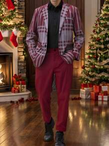 Manfinity AFTRDRK Plus Size Men's Plaid Long Sleeve Lapel Neck Jacket And Pants Suit Set, Autumn, For Christmas - Multicolor - View 1