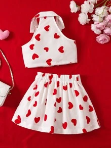 SHEIN Elladie kids 2pcs Young Girl Sleeveless Heart Print Simple Button Front Top And Mini Skirt Set - Multicolor - View 2