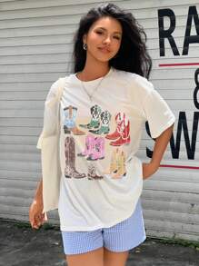 Attitoon 休闲大码西部复古牛仔靴图案圆领短袖 T 恤，略微透明大码女款，夏季 - 白色 - 查看 5