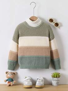 SHEIN Vintaside Kids Suéter grueso de niño casual con bloques de color, rayas anchas y patchwork, versátil y adecuado para otoño/invierno