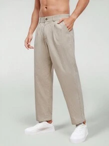 Manfinity VCAY Men Cotton Slant Pocket Straight Leg Trousers - Khaki - View 1