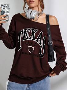 Flirla 1 pieza Sudadera casual con hombros descubiertos con letras en inglés de estilo elegante