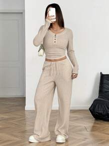 SHEIN Teen Girl's Autumn/Winter V-Neck Half-Button Ribbed Knit Top With Ruched Details & Drawstring Waist Loose Pants Set, Casual Leisurewear For Home Or Outdoor Wear - Mocha Brown - View 5