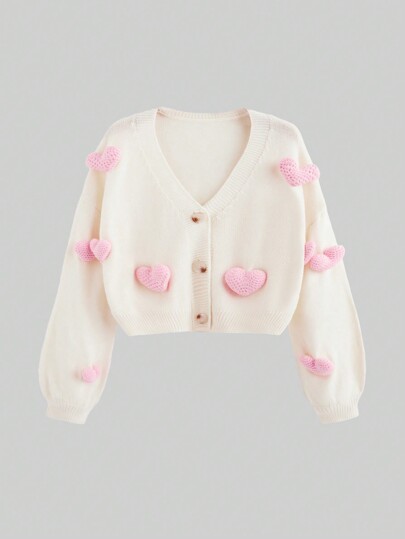 Plus Size Kawaii 3D Heart Pattern Knitted Cardigan, For Winter