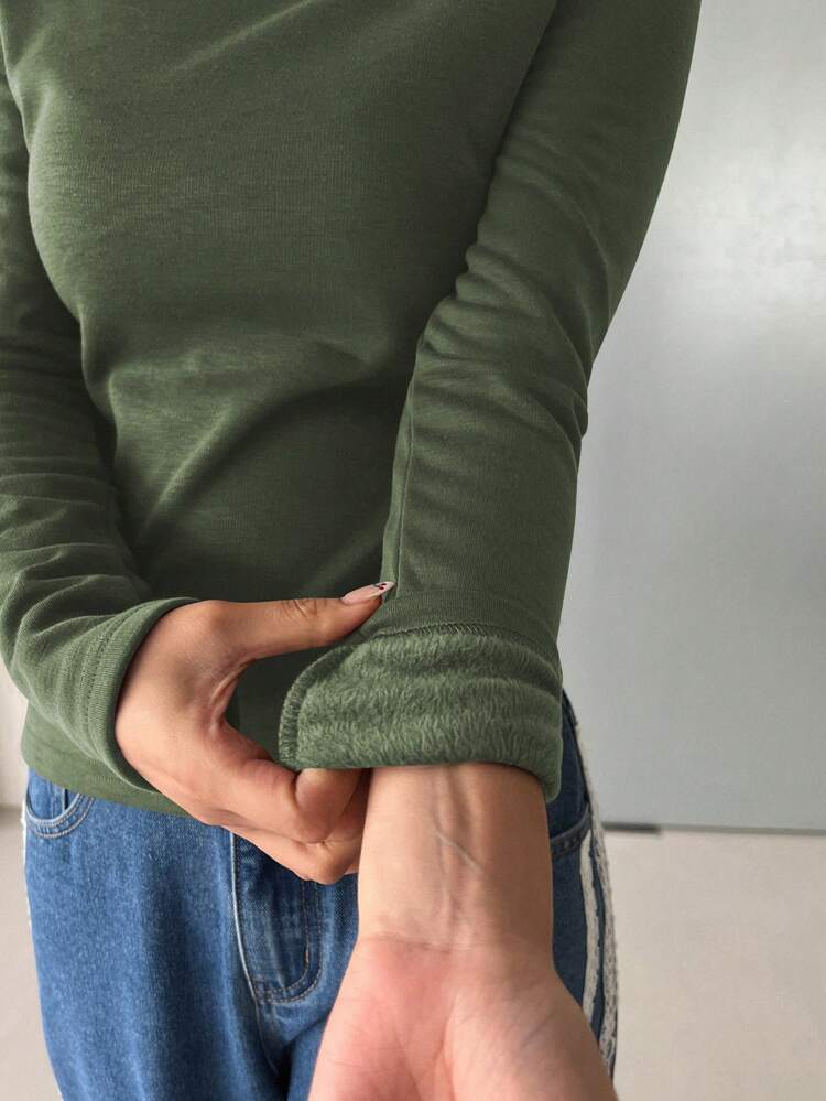 Women's Solid Color Round Neck Long Sleeve Casual Thermal Lined Warm T-Shirt, Autumn/Winter