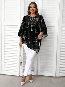 EMERY ROSE Casual Minimalist All-Over Abstract Line Face Print Plus Size Shirt, Suitable For Autumn/Winter
