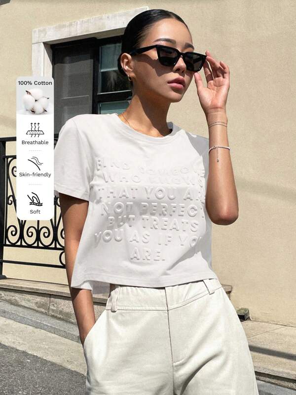 DAZY Letter Embossed Tee FIND SOMEONE WHO LOVES THAT YOU ARE NOT PERFECT BUT TREATS YOU AS IF YOU ARE Summer,Crop Tops Women