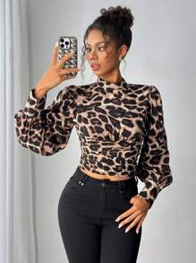 Chiquease Dames Stand Collar Lange Mouw Luipaard Print Casual Shirt