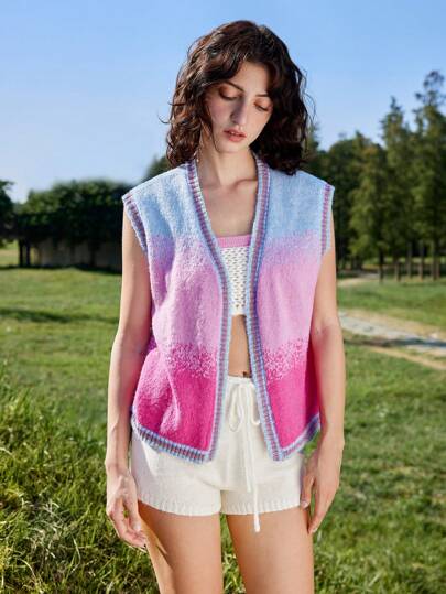 Skyraze Women Casual Everyday Ombre Color Knit Cardigan Vest,Gradient Pattern