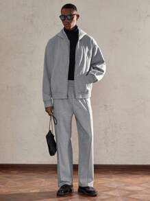 AKNOTIC Business Casual 2 件套男士宽松针织落肩连帽运动衫和裤子套装，舒适服装，秋季服装 - 淺灰色 - 查看 5