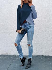 Calvaya Two Tone Mock Neck Drop Shoulder Wrap Cross Asymmetrical Hem Sweater Knit Pullover Fall Winter Outfit