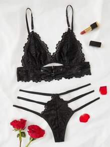 Floral Lace Cut-Out Bra & Panty Sexy Lingerie Set - Black - View 6