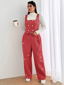 Flirla Plus Size Sleeveless Contrast Color Lapel Button Woolen Vest & Pants Suit, Casual, Work, Party, Date Elegant Outfit For Autumn/Winter For New Year Clothes