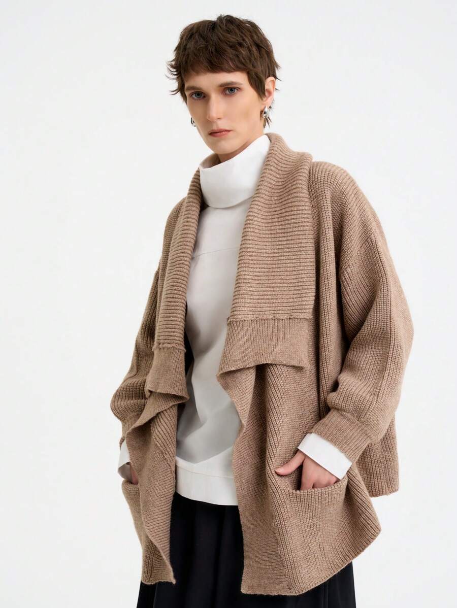 SHEIN Clasi 女士纯色落肩长袖休闲宽松针织开衫，秋冬 - 卡其色 - 查看 1