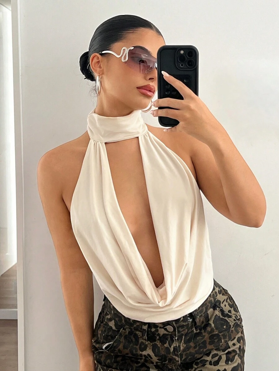 SHEIN ICON Solid Color Neck-Hanging Flounced Neckline Backless Sexy Sleeveless Tank Top - Apricot - View 1