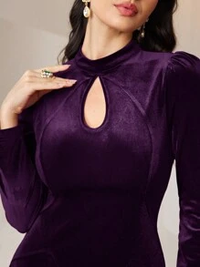 Modelyn 勃艮第红色女士纯色锁眼领泡泡袖优雅连衣裙长款晚礼服 - 紫色 - 查看 8