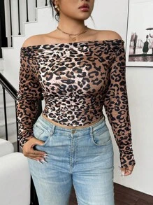 Calvaya Women's Open Shoulder Leopard Print Ruffle Trim Bodycon T-Shirt Graphic Cheetah Print Tees Women Tops