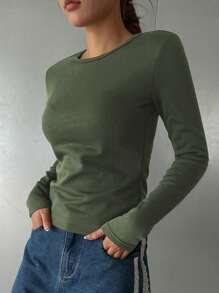 DAZY Maglietta casual da donna con collo tondo, manica lunga, termica foderata, colore unito, adatta per l autunno e l inverno - Verde militare - Visualizzare 7