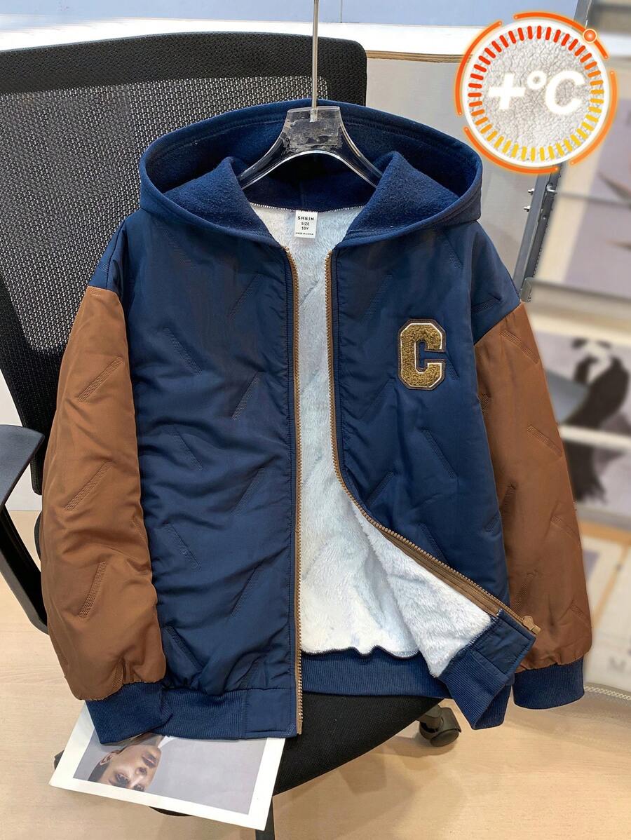 SHEIN 儿童/青少年男童休闲学院风拼接撞色连帽加厚绗缝保暖冬装外套，适合上学、花园、海滩、生日等各种场合，四季皆宜。 - 彩色 - 查看 1