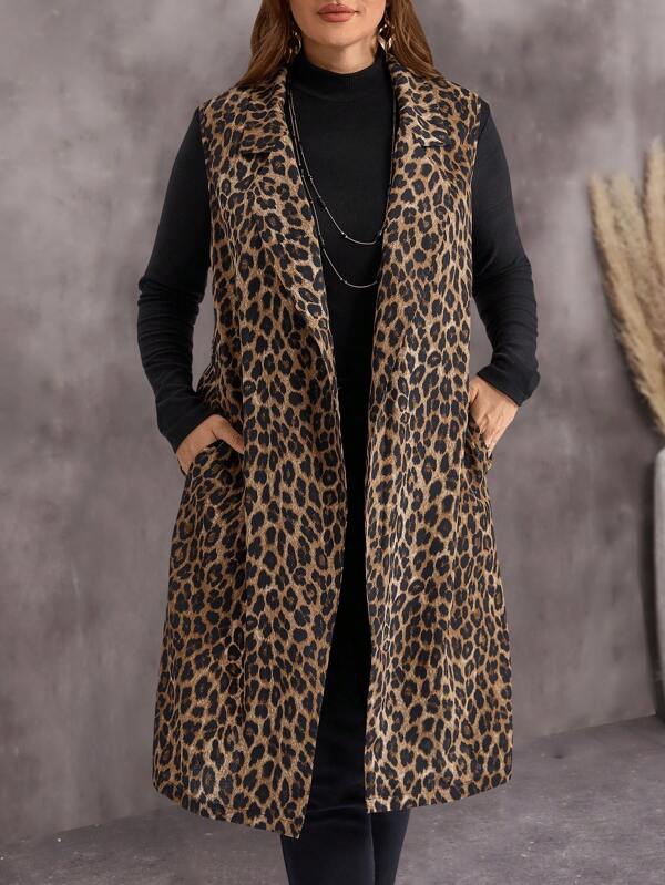 EMERY ROSE Cárdigan sin mangas de estampado de leopardo de talla grande para mujer, para uso casual diario