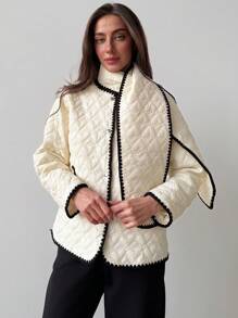Aloruh Nueva chaqueta gruesa de color block con cuello de bufanda, bolsillos, para esquiar, pasear o salir, en diseño sencillo y liso - Beis - Ver 4