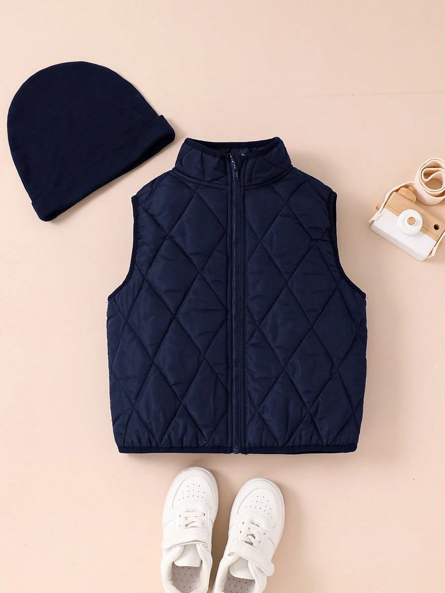 SHEIN 2pcs Kids Young Boy Gift Hat. Leisure, Simple, Versatile, And Warm Winter Coat Parka Coat Two-Piece Set Suitable For Christmas And New Year Outings