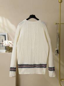 Mulvari Plus Size Women Striped V-Neck Long Sleeve Sweater, Autumn/Winter Knit Pullover Fall - Apricot - View 2