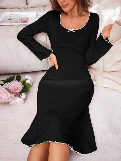 Contrast Binding Scoop Neck Ribbed Women Loungewear Dress, Cozy Elegante Outfit, Fall view 3