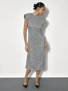 Maija 现代都市银色亮片贴身垫肩女士中长连衣裙，适合情人节聚会、春夏派对 - 灰色 - 查看 5