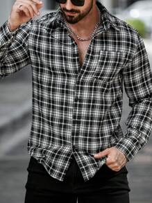 Manfinity LEGND Camisa casual de manga larga con botones delanteros, bolsillo parche y estampado de cuadros, camisa de salida con cuello casual, versátil para hombres