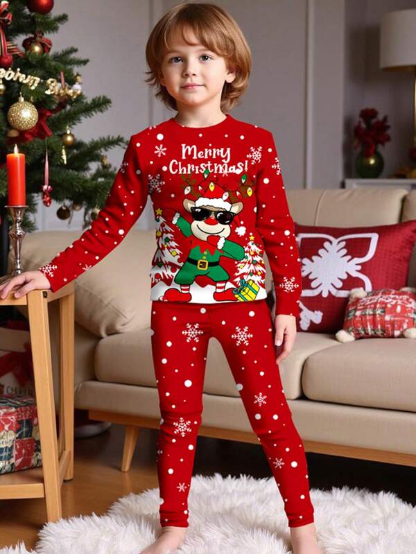 SHEIN Tween Boy Christmas Element Grafische Print Nauwsluitende Comfortabele Lange Mouw Ronde Hals Top En Broek Loungewear Pyjama Kledingset, Geschikt Voor Herfst/Winter