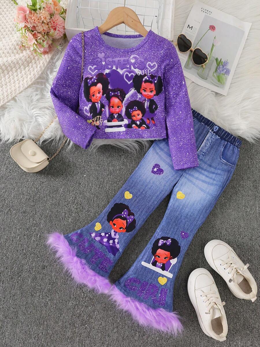 Bộ 2 món áo crop top ngắn tay raglan thời trang thường ngày cho bé gái và quần jeans cạp cao in họa tiết quần loe, phù hợp cho mùa xuân và mùa thu - Màu tím - Xem 1