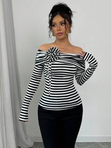 Chiquease Elegant Striped Black & White Off-Shoulder Long Sleeve 3D Floral Top T-Shirt Graphic Tees Women Tops For Spring - Black and White - View 6