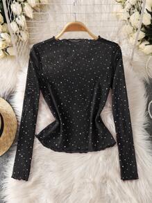 SHEIN Clasi 透明亮片网眼长袖女式衬衫 - 黑色 - 查看 2