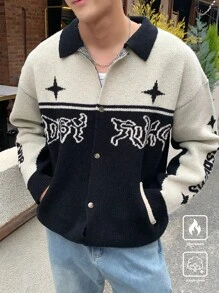 Manfinity Hypemode Men's Color Contrast Letter Print Drop Shoulder Long Sleeve Casual Cardigan, Autumn/Winter