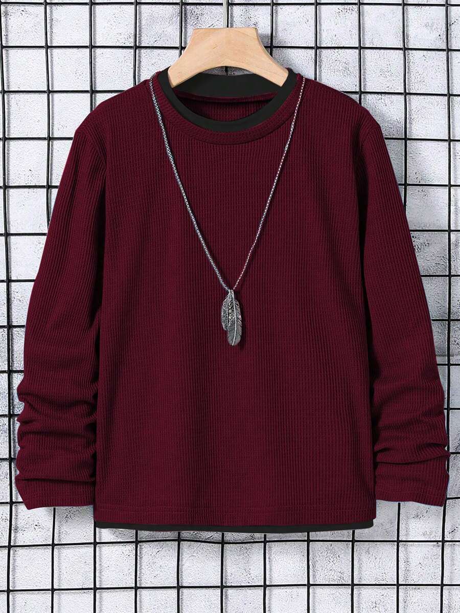 SHEIN 青少年男孩纯色拼接圆领长袖休闲 T 恤，加大码