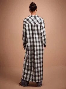 COSMINA 女士格子印花前扣休闲百搭长袖衬衫 - 卡其色 - 查看 2