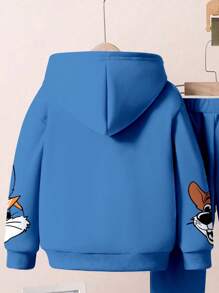 SHEIN Leap Crew 2 件套年轻男孩卡通动物运动图案宽松休闲套头连帽运动衫，舒适合身，适合秋冬季