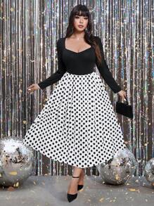 Franclia Plus Size Women Vintage Polka Dot Long Sleeve Dress, Black And White, Autumn