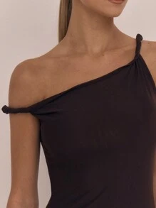 MUSERA 不对称领口开衩大腿长裙，适合度假、舞会、毕业典礼、婚礼宾客等场合，优雅的伊比沙岛假日海滩秋季夜游婚礼宾客，优雅的约会之夜，圣诞节、万圣节、秋季、冬季派对时尚之选 - 巧克力棕 - 查看 4