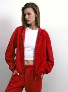 Maija 女士新款秋冬大红色都市现代日常休闲优雅手臂褶皱连帽拉链运动衫适合度假保暖内衬节日温暖圣诞节和新年 - 紅色 - 查看 4