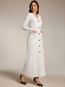 Modelyn Abito lungo elegante da donna con scollo a V, manica lunga, monopetto, in tinta unita, abiti da sera - Beige - Visualizzare 3